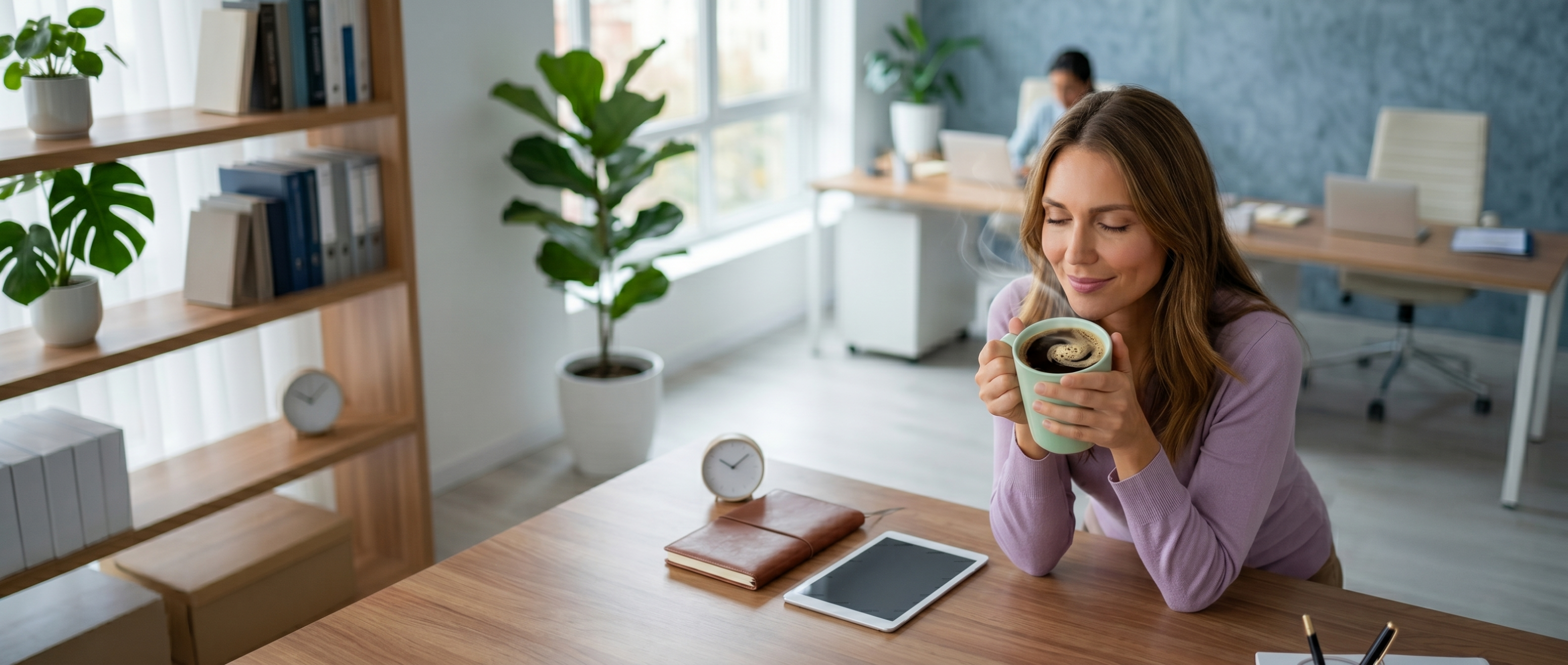 Profesional tranquila con café en oficina
